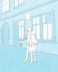 Rule 34 | 1boy, 1girl, ayanami rei, bag, blue theme, boots, building, coat, cobblestone, cold, from behind, jacket, knee boots, lowres, lrk, monochrome, monochrome background, nagisa kaworu, neon genesis evangelion, pants, pleated skirt, reading, scarf, shoes, skirt, walking, window