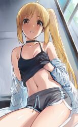 Rule 34 | 1girl, ahoge, bare shoulders, black shirt, blonde hair, bocchi the rock!, breasts, cleavage, clothes lift, collarbone, commentary, dolphin shorts, grabbing, grabbing another&#039;s breast, grabbing own breast, grey shorts, hand under clothes, hews, highres, ijichi nijika, long hair, long sleeves, looking at viewer, navel, open mouth, parted lips, see-through, shirt, shirt lift, shorts, side ponytail, sidelocks, sitting, sketch, small breasts, smile, solo, stomach, sweatdrop, thighs