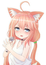 Rule 34 | 1girl, :d, ahoge, animal ear fluff, animal ears, bare arms, bare shoulders, black choker, blue eyes, blush, cat ears, choker, collarbone, fang, hair between eyes, highres, hinata channel, holding, holding microphone, jd (bibirijd), long hair, looking at viewer, low twintails, microphone, nekomiya hinata, open mouth, pink hair, shirt, simple background, smile, solo, tank top, twintails, very long hair, virtual youtuber, white background, white shirt