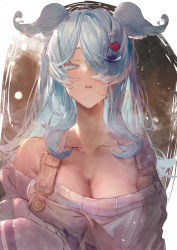 Rule 34 | 1girl, betabeet, blue eyes, blue hair, breasts, cleavage, dragon girl, elira pendora, elira pendora (1st costume), grey overalls, hair ornament, hair over one eye, head wings, highres, large breasts, long hair, mole, nijisanji, nijisanji en, off shoulder, one eye covered, overall shorts, overalls, sleeves past fingers, sleeves past wrists, solo, sweater, virtual youtuber, white sweater, wings