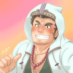 Rule 34 | 1boy, :d, bara, bead necklace, beads, blush, chest hair, cross scar, facial hair, goatee, green kimono, grin, hood, hood up, hooded jacket, houzouin oniwaka, jacket, japanese clothes, jewelry, kemonosuke (kmskths), kimono, long sideburns, male focus, mature male, muscular, muscular male, necklace, open clothes, open jacket, open mouth, pectoral cleavage, pectorals, pointing, pointing at self, scar, scar on face, scar on forehead, short hair, sideburns, smile, solo, stubble, thick eyebrows, tokyo houkago summoners, upper body