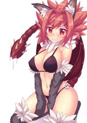 Rule 34 | 1girl, animal ear fluff, animal ears, animal hands, bat wings, bikini, breasts, cleavage, fur, highres, large breasts, looking at viewer, manticore (monster girl encyclopedia), midriff, monster girl, monster girl encyclopedia, red eyes, red hair, skull, smile, smug, solo, swimsuit, tail, thighs, white background, wings