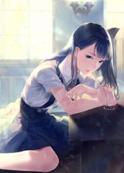 Rule 34 | 1girl, blue eyes, blue hair, blue skirt, blurry, blurry background, collared shirt, cross, day, depth of field, flower, from side, high-waist skirt, highres, indoors, light rays, long hair, looking at viewer, neck ribbon, original, red ribbon, ribbon, rosary, shirt, sitting, skirt, solo, sousou (sousouworks), suspender skirt, suspenders, wariza, white shirt, window, wing collar