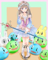 Rule 34 | 1girl, atelier (series), atelier totori, bare shoulders, blue sleeves, blush, boots, brown hair, hat, holding, holding staff, knees, legs together, long hair, open mouth, puni (atelier), purple eyes, skirt, srrr, staff, standing, strapless shirt, totooria helmold, translucent