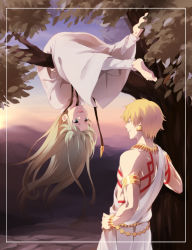 Rule 34 | 1boy, 1other, armor, barefoot, blonde hair, bracelet, danemaru, enkidu (fate), fate/strange fake, fate (series), gilgamesh (fate), hanging from tree, jewelry, necklace, pants, topless male, tattoo, toga, tree, upside-down
