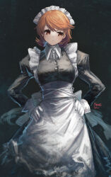 Rule 34 | 1girl, alternate costume, apron, black dress, blush, brown eyes, brown hair, character name, closed mouth, collared shirt, commentary, dress, earrings, enmaided, eyebrows hidden by hair, franlol, frilled apron, frills, gloves, hands on own hips, highres, jewelry, juliet sleeves, long sleeves, looking to the side, maid, maid headdress, persona, persona 3, puffy sleeves, shirt, solo, stud earrings, takeba yukari, white apron, white gloves, white shirt