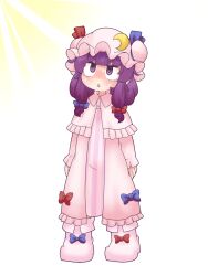 Rule 34 | 1girl, @ @, blackbad, blue bow, blunt bangs, blush, boots, bow, capelet, crescent, crescent hat ornament, d:, dress, full body, hair ribbon, hat, hat ornament, highres, long hair, long sleeves, looking up, mob cap, open mouth, patchouli knowledge, pink capelet, pink dress, purple eyes, purple hair, red bow, ribbon, sidelocks, solo, standing, sunlight, sweat, touhou, tress ribbon, v-shaped eyebrows