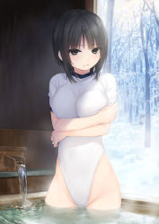 Rule 34 | 1girl, adapted costume, aoyama sumika, bare tree, black hair, breasts, brown eyes, coffee-kizoku, crossed arms, highres, leotard, looking at viewer, medium breasts, one-piece swimsuit, onsen, original, parted lips, short hair, solo, swimsuit, tree, wading, water, white one-piece swimsuit