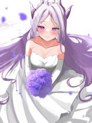 Rule 34 | 1girl, absurdres, ahoge, alternate costume, bare shoulders, blue archive, blurry, blush, bouquet, breasts, cleavage, collarbone, commentary request, demon girl, demon horns, depth of field, dress, elbow gloves, flower, forehead, from above, gloves, grey hair, highres, hina (blue archive), holding, holding bouquet, horns, jewelry, long hair, looking at viewer, looking up, medium breasts, necklace, parted bangs, petals, purple eyes, purple flower, purple rose, rose, sidelocks, simple background, sleeveless, smile, solo, wedding dress, white background, white dress, white gloves, youyoukai