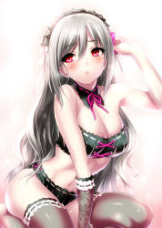 Rule 34 | 10s, 1girl, alternate hairstyle, bare shoulders, bikini, blush, breasts, cleavage, collar, detached collar, elbow gloves, floral print, gloves, hair down, hairband, highres, huge breasts, idolmaster, idolmaster cinderella girls, kanzaki ranko, lolita hairband, long hair, navel, parted lips, print gloves, red eyes, ribbon-trimmed collar, ribbon trim, silver hair, single glove, sitting, solo, swimsuit, thighhighs, very long hair, zen
