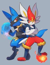 Rule 34 | 1boy, 1girl, :&lt;, animal ears, animal hands, artist name, aura, cinderace, closed mouth, creatures (company), crossed arms, eye contact, fire, fireball, full body, furry, game freak, gen 4 pokemon, gen 8 pokemon, grey background, hands up, happy, highres, jpeg artifacts, legs apart, looking at another, looking to the side, lucario, nintendo, nullma, pawpads, pokemon, pokemon (creature), rabbit ears, rabbit girl, rabbit tail, red eyes, red hair, short hair, signature, simple background, smile, spikes, standing, tail, wolf boy, wolf ears, wolf tail
