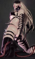 Rule 34 | 1girl, ass, bdsm, black bodysuit, black footwear, black gloves, blonde hair, bodysuit, bondage outfit, boots, braid, breasts, brown eyes, butt crack, collar, earrings, envenomist (gengoroumaru), facial mark, french braid, gloves, half-closed eyes, heart, high heel boots, high heels, highres, holding, holding whip, jewelry, kaijin hime do-s, large breasts, latex, latex bodysuit, latex boots, latex gloves, long hair, looking at viewer, multiple piercings, o-ring, one-punch man, revealing clothes, solo, spikes, twisted torso, zipper panties