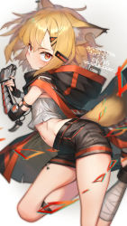 Rule 34 | 1girl, animal ear fluff, animal ears, arknights, bandaged leg, bandages, black cape, black gloves, black shorts, blonde hair, cape, commentary request, crop top, dated, fingerless gloves, flat chest, fox ears, fox girl, fox tail, gloves, groin, hair between eyes, hair ornament, hairclip, highres, hood, hood down, hooded cape, jewelry, looking at viewer, material growth, midriff, mitake eil, navel, necklace, notched ear, orange eyes, oripathy lesion (arknights), prosthesis, prosthetic arm, scar, scar on stomach, shirt, short hair, short shorts, shorts, sidelocks, signature, simple background, solo, strapless, strapless shirt, tail, thigh strap, tooth necklace, vermeil (arknights), white background, white shirt