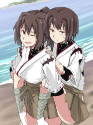 Rule 34 | 10s, 2girls, bad id, bad pixiv id, brown hair, carrying, hyuuga (kancolle), ise (kancolle), kantai collection, long hair, multiple girls, ocean, one eye closed, open mouth, piggyback, ponytail, short hair, sideways glance, skirt, smile, torn clothes, ulrich (tagaragakuin), wink