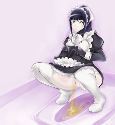 Rule 34 | 1girl, bathroom, black dress, black eyes, black gloves, black hair, bow, bowtie, breasts, clothes lift, dress, dress lift, gloves, hair ribbon, highres, long hair, long sleeves, looking down, maid, maid headdress, medium breasts, no panties, peeing, ponytail, pussy, ribbon, smile, squat toilet, squatting, thighhighs, toilet, toilet use, uncensored, white neckwear, white thighhighs