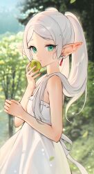 Rule 34 | 1girl, absurdres, apple, aqua eyes, bare arms, bare shoulders, blurry, blurry background, bokeh, clip studio paint (medium), commentary, depth of field, dress, elf, english commentary, expressionless, food, frieren, from side, fruit, green apple, hair over shoulder, highres, holding, holding food, holding fruit, long hair, looking at viewer, looking to the side, nami (nyaa), outdoors, photo-referenced, pointy ears, sleeveless, sleeveless dress, solo, sousou no frieren, sundress, thick eyebrows, tree, twintails, upper body, white dress, white hair