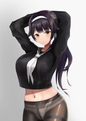 Rule 34 | 1girl, arms behind head, azur lane, black hair, black shirt, commentary request, crop top, crop top overhang, expressionless, long hair, looking at viewer, mikoto paint, navel, neckerchief, no pants, panties, panties under pantyhose, pantyhose, sailor collar, school uniform, shirt, solo, takao (azur lane), takao (school romanza) (azur lane), thighband pantyhose, underwear, very long hair, white neckerchief, white panties, yellow eyes