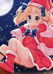 Rule 34 | 1girl, alice cartelet, arm up, blonde hair, blue eyes, blush, bow, broom, broom riding, closed mouth, commentary request, dress, from side, full moon, fur trim, gloves, hair bow, hat, highres, holding, jacket, kin-iro mosaic, minato ojitan, moon, night, outdoors, panties, pantyshot, red dress, red footwear, red gloves, red hat, red jacket, sack, santa costume, short sleeves, sitting, smile, snowflakes, solo, striped, striped bow, twintails, underwear, white panties