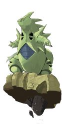 Rule 34 | blank eyes, claws, creatures (company), game freak, gen 2 pokemon, highres, looking to the side, nintendo, no humans, pokemon, pokemon (creature), serious, simple background, solo, standing, stone, stone floor, tail, tyranitar, white background, yunimaru
