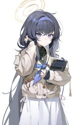 Rule 34 | 1girl, absurdres, bags under eyes, black hair, black undershirt, blue archive, blue eyes, blue hairband, blue neckerchief, book, hugging book, buttons, cardigan, cowboy shot, tucking hair, hairband, halo, hand up, highres, holding, holding book, jewelry, lan yansuanyan, long hair, long sleeves, messy hair, neckerchief, necklace, hugging object, pocket, sailor collar, school uniform, skirt, sleeves past wrists, solo, ui (blue archive), white background, white skirt