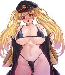 Rule 34 | 1girl, :o, bare shoulders, bikini, blonde hair, blush, breasts, breath, coat, full body, granblue fantasy, hat, heavy breathing, highleg, highleg bikini, highres, huge breasts, long hair, looking at viewer, military hat, monika weisswind, namidame, navel, open clothes, open mouth, peaked cap, pussy juice, solo, string bikini, sweat, swimsuit, swimsuit under clothes, transparent background, twintails, very long hair, wet, wide sleeves