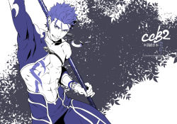 Rule 34 | 1boy, abs, arm up, blue theme, bracelet, crescent, crescent necklace, cu chulainn (caster) (fate), cu chulainn (fate), cu chulainn (fate/stay night), cu chulainn (second ascension) (fate), detached sleeves, earrings, fate/grand order, fate/stay night, fate (series), gae bolg (fate), grin, holding, holding weapon, jawaco, jewelry, leaf, looking at viewer, male focus, muscular, navel, necklace, official alternate costume, short hair, skin tight, smile, solo, strap, topless male, type-moon, weapon