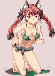 Rule 34 | &gt;:3, 1girl, :3, animal ears, barefoot, bikini, bottomless, bow, braid, breasts, cat ears, cat tail, cleavage, green bikini, hair bow, kaenbyou rin, kneeling, red eyes, red hair, solo, swimsuit, tail, touhou, twin braids, twintails, v-shaped eyebrows, yohane