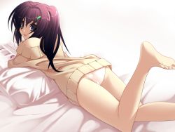 Rule 34 | 1girl, ass, bare shoulders, barefoot, bed, blue eyes, blush, book, character request, feet, hair ornament, hairclip, highres, holding, holding book, legs up, long hair, looking back, lying, ninozen, on stomach, open book, panties, pantyshot, pillow, purple hair, reading, reference work, simple background, solo, source request, sweater, the pose, third-party source, underwear, wallpaper, white background, white panties