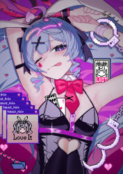 Rule 34 | 1girl, :p, absurdres, ahoge, animal ears, armpits, bare shoulders, black leotard, blue eyes, blue hair, closed mouth, clothing cutout, cuffs, detached collar, fake animal ears, from above, hair ornament, hair spread out, handcuffs, hatsune miku, highres, leotard, long hair, looking at viewer, one eye closed, pink pupils, pixel art, playboy bunny, rabbit ears, rabbit hole (vocaloid), saishijyou, sidelocks, smile, solo, stomach cutout, teardrop facial mark, tongue, tongue out, twintails, very long hair, vocaloid, x hair ornament