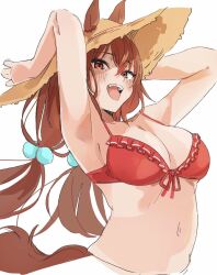 1girl :d animal_ears armpits bikini breasts brown_hair daiwa_scarlet_(trifle_vacation)_(umamusume) daiwa_scarlet_(umamusume) ears_through_headwear frilled_bikini frills hair_bobbles hair_ornament hat highres horse_ears horse_girl horse_tail long_hair looking_at_viewer medium_breasts navel official_alternate_costume open_mouth red_bikini simple_background smile solo straw_hat swimsuit tail techi_(siro-white_0803) twintails umamusume upper_body white_background yellow_hat