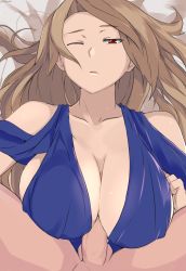Rule 34 | 1boy, 1girl, artist name, bad id, bad pixiv id, bare shoulders, blue dress, breasts, brown hair, cafekun, clothed female nude male, dress, granblue fantasy, highres, katalina (granblue fantasy), large breasts, long hair, looking at viewer, lying, nude, on back, one eye closed, paizuri, paizuri under clothes, penis, pov, red eyes, solo focus, straddling, straddling paizuri, testicles, uncensored
