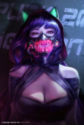 Rule 34 | 1girl, absurdres, bare shoulders, breasts, cape, cleavage, cleavage cutout, clothing cutout, commentary request, cyberpunk (series), cyberpunk 2077, highres, hood, large breasts, looking at viewer, mask, medium hair, mouth mask, multicolored eyes, open mouth, pink lips, purple hair, sharp teeth, solo, teeth, tian zi (artist), tongue, tongue out, translation request
