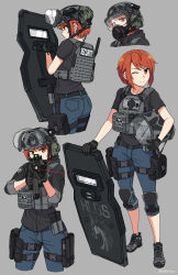 Rule 34 | 1girl, ;), absurdres, ass, black shirt, blue pants, brown hair, closed mouth, commentary request, cropped legs, cz scorpion evo 3, ear protection, gloves, grey background, grey footwear, grey gloves, grey headwear, gun, hand on own hip, helmet, highres, holding, holding gun, holding shield, holding weapon, laser, laser pointer projection, laser sight, multiple views, ndtwofives, one eye closed, original, pants, red eyes, respirator, riot shield, shield, shirt, shoes, short hair, short sleeves, simple background, smile, twitter username, v-shaped eyebrows, weapon
