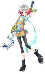 Rule 34 | 1girl, black footwear, black pants, blue shirt, brown eyes, capri pants, colored tips, full body, gloves, green gloves, grey hair, inomata mutsumi, multicolored hair, official art, pants, pascal (tales), red hair, scarf, shirt, shoes, short hair, shorts, smile, solo, staff, standing, suspenders, tales of (series), tales of graces, two-tone hair, white background