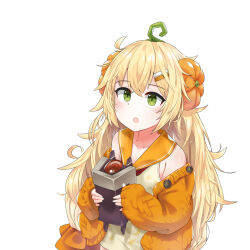 Rule 34 | 1girl, absurdres, blonde hair, commentary, di le to, dinergate (girls&#039; frontline), dress, english commentary, fang, food-themed hair ornament, girls&#039; frontline, green eyes, hair ornament, hairclip, highres, holding, long hair, messy hair, off shoulder, official alternate costume, open mouth, orange sailor collar, orange sweater, pumpkin hair ornament, s.a.t.8 (girls&#039; frontline), s.a.t.8 (pumpkin skewers) (girls&#039; frontline), sailor collar, simple background, sleeveless, sleeveless dress, sleeves past wrists, solo, sweater, upper body, very long hair, white background, yellow dress