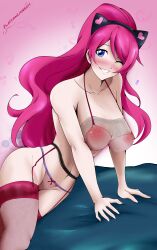 Rule 34 | 1girl, absurdres, animal ears, blue eyes, blush, breasts, cat ears, fairy tail, flatpancakesjim, garter straps, highres, large breasts, leaning, lingerie, long hair, nipples, covered erect nipples, one eye closed, pink hair, ponytail, revealing clothes, ribbon, seductive smile, see-through, see-through bra, see-through legwear, sherry blendy, simple background, smile, solo, underwear, underwear only, wink