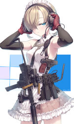 1girl apron armpits black_panties blonde_hair blue_eyes breasts closed_mouth cowboy_shot detached_sleeves dress ear_protection flashlight gloves gun hair_over_one_eye handgun hands_up highres holding holster holstered magazine_(weapon) maid maid_apron maid_headdress makarov_pm medium_breasts medium_hair microphone optical_sight original panties pouch pp-2000 radio red_gloves samaru_(seiga) see-through_clothes shoulder_holster sleeveless sleeveless_dress solo submachine_gun suppressor twitter_username underwear weapon white_dress