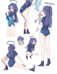 Rule 34 | 2girls, black shirt, blue archive, blue buruma, blue footwear, blue jacket, blush, buruma, chibi, chibi inset, clipboard, cropped legs, from behind, full body, halo, highres, holding, holding clipboard, holding pen, jacket, leaning forward, long hair, millennium cheerleader outfit (blue archive), multiple girls, multiple views, munikomamu, noa (blue archive), one side up, pen, pen to mouth, shirt, shoes, short sleeves, star (symbol), sticker on face, stretching, white background, yuuka (blue archive), yuuka (track) (blue archive)