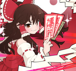Rule 34 | 1girl, banknote, between fingers, blush, bow, brown eyes, brown hair, commentary, detached sleeves, frilled bow, frilled hair tubes, frills, gram 9, grin, hair between eyes, hair bow, hair tubes, hakurei reimu, highres, holding, long hair, looking at viewer, money, ofuda, ofuda between fingers, ponytail, red bow, red shirt, ribbon-trimmed sleeves, ribbon trim, shirt, sleeveless, sleeveless shirt, smile, solo, touhou, upper body, white sleeves