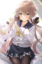 Rule 34 | 1girl, absurdres, bag, black pantyhose, black skirt, blue archive, blush, bow, brown hair, collarbone, commentary request, hair between eyes, hair ornament, halo, hifumi (blue archive), highres, lens flare, long hair, long sleeves, looking at viewer, low twintails, miniskirt, open mouth, pantyhose, pleated skirt, sailor collar, sitting, skirt, sleeves past wrists, solo, toratora (nanahaba), twintails, yellow bow, yellow eyes