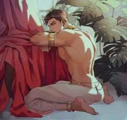 Rule 34 | 1boy, anklet, ass, bara, barefoot, chengzhineixihuanxiaogou, feet, highres, jewelry, kneeling, large pectorals, leaf, male focus, mature male, muscular, muscular male, necklace, original, pants, pectorals, see-through, soles, solo, toes, topless male
