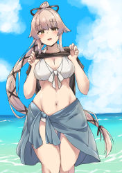 Rule 34 | 1girl, bikini, black shirt, blue sky, breasts, clothes lift, day, front-tie bikini top, front-tie top, green sarong, hair flaps, hair ribbon, highres, kantai collection, large breasts, lifted by self, long hair, navel, outdoors, pink hair, ponytail, ribbon, sarong, shirt, shirt lift, short sleeves, sky, solo, standing, swimsuit, very long hair, wasumi kei, white bikini, yellow eyes, yura (kancolle)