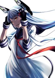 Rule 34 | 10s, 1girl, black gloves, blue hair, dress, female focus, gloves, headgear, highres, kantai collection, long hair, looking at viewer, murakumo (kancolle), neckerchief, ohara hiroki, open mouth, orange eyes, sailor dress, simple background, solo, upper body, very long hair, white background, wind