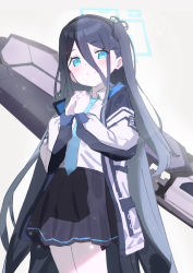Rule 34 | 1girl, absurdres, aqua eyes, aqua necktie, aris (blue archive), black hair, black hairband, black skirt, blue archive, blush, chikoku, coat, grey background, hair between eyes, hairband, halo, highres, long hair, long sleeves, looking at viewer, necktie, one side up, own hands together, pleated skirt, railgun, shirt, simple background, skirt, smile, solo, very long hair, weapon, weapon on back, white shirt