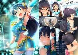 Rule 34 | 1girl, antenna hair, arm up, armpits, ass, bad id, bad twitter id, bike shorts, black hair, blue eyes, blush, breasts, comic, earrings, fang, ganaha hibiki, hoop earrings, idolmaster, idolmaster (classic), jewelry, long hair, midriff, momo no suidou-sui, navel, open mouth, ponytail, silent comic, smile, solo, tank top, thighhighs, translation request, zettai ryouiki