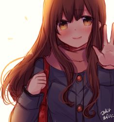Rule 34 | 1girl, artist name, azu torako, bag, blush, brown eyes, brown hair, brown scarf, close-up, closed mouth, coat, dated, looking at viewer, original, scarf, shoulder bag, signature, simple background, smile, solo, upper body, waving