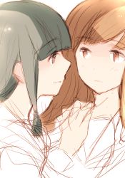 Rule 34 | 10s, 2girls, black hair, blunt bangs, blush, brown eyes, brown hair, hands on another&#039;s shoulders, kantai collection, kitakami (kancolle), long hair, looking at another, multiple girls, ooi (kancolle), partially colored, school uniform, serafuku, simple background, sketch, unidama (ukidama), white background
