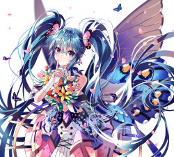 Rule 34 | 1girl, absurdres, akira (ying), blue eyes, blue hair, bug, butterfly, butterfly earrings, butterfly hair ornament, butterfly wings, earrings, finger to mouth, flower, hair between eyes, hair ornament, hatsune miku, highres, holding, holding flower, insect, insect wings, jewelry, long hair, number tattoo, shoulder tattoo, skirt, solo, tattoo, twintails, very long hair, vocaloid, white background, wings