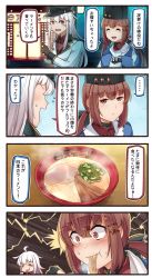 Rule 34 | ..., 2girls, 4koma, :d, ^ ^, black bow, black gloves, black hat, blue shawl, blush, bow, brown eyes, brown gloves, brown hair, closed eyes, comic, commentary request, fingerless gloves, flying sweatdrops, food, fur hat, gangut (kancolle), gloves, hair between eyes, hair bow, hair ornament, hairclip, hat, highres, ido (teketeke), jacket, kantai collection, long hair, long sleeves, low twintails, multiple girls, no headwear, noodles, open mouth, papakha, peaked cap, pointing, ramen, red eyes, red shirt, remodel (kantai collection), revision, scar, scar on face, scarf, shawl, shirt, smile, speech bubble, spoken ellipsis, star (symbol), steam, tashkent (kancolle), torn clothes, torn scarf, translated, twintails, untucked shirt, white hair, white jacket, white scarf