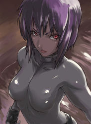 Rule 34 | 00s, 1girl, bodysuit, cyborg, face, ghost in the shell, ghost in the shell stand alone complex, gloves, kusanagi motoko, latex, purple hair, red eyes, science fiction, shiny clothes, solo, tea (nakenashi)